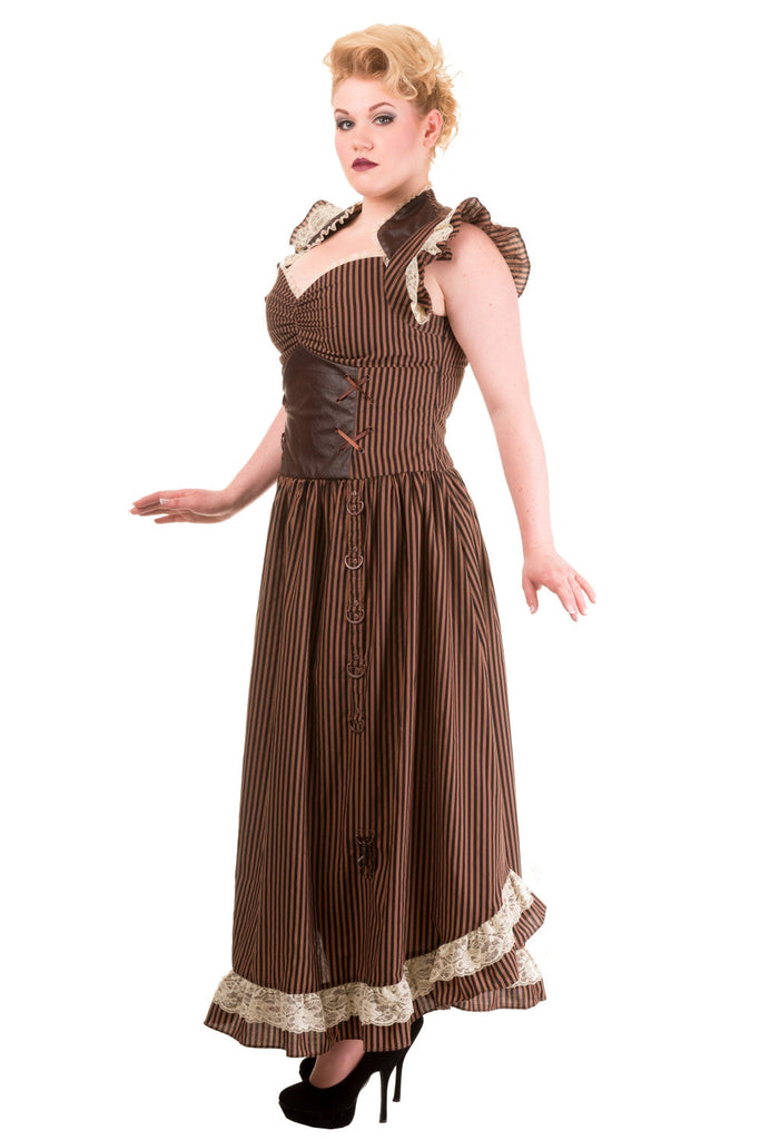 Long Maxi Brown Black Striped Steampunk Vintage Victorian Corset Dress