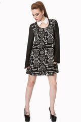 Dresses Witchy Moon Ouija Planchette Kitty Black Chiffon Sleeves with White Collar Mini Dress