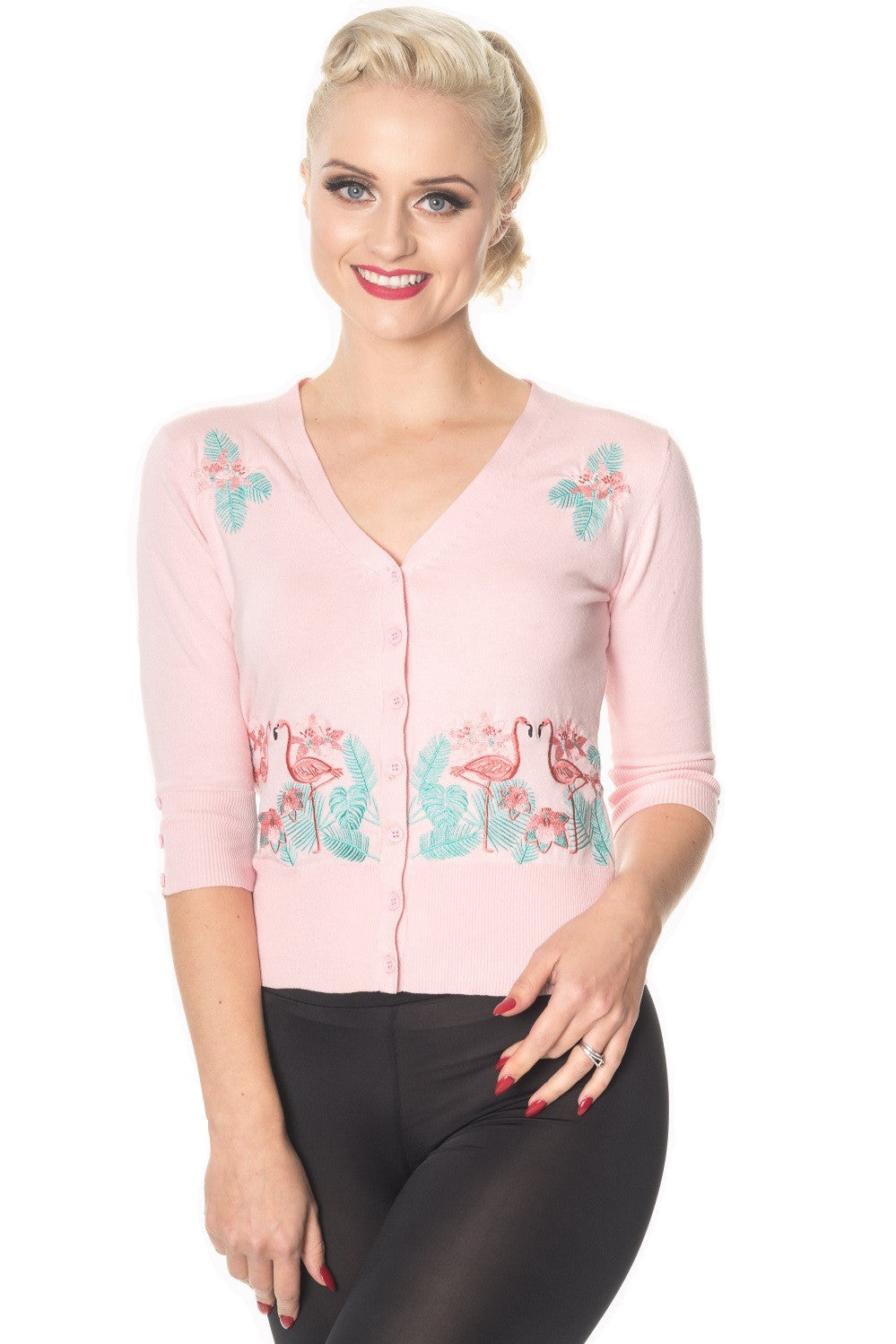 Tops 50's Vintage Tropical Paradise Pink Flamingo Cardigan in Baby Pink
