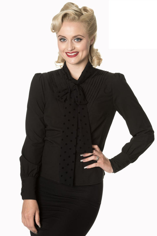 Tops 2XL / Black 50s Vintage Inspired  Sent With Love Tie Neck Blouse