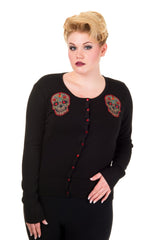 Tops Day of the Dead Flower Heart Sugar Skull Embroidery Black Sweater Cardigan