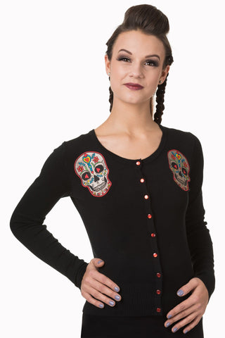 Tops Day of the Dead Flower Heart Sugar Skull Embroidery Black Sweater Cardigan