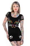 Tops Goth Emo Black Cat Face Cut Out Shoulder Extra Length Top