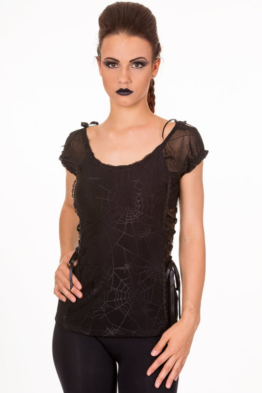Tops M Goth Emo Spooky Spider & Spiderweb Black Mesh Lace up Top