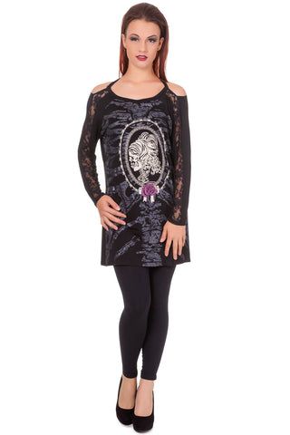 Tops Gothic Skeleton Ribcage with Cameo Skull Lady Lace Insert LS Shirt Top
