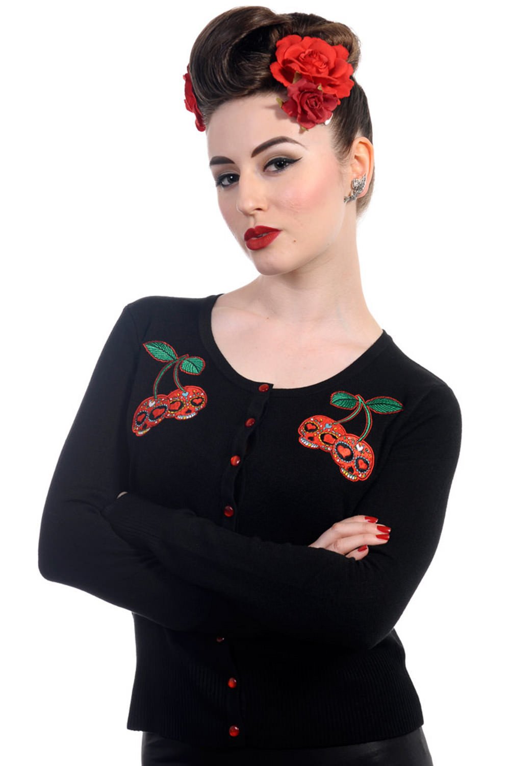 Tops Lost Queen Rockabilly Pinup Skull Cherries Black knit Cardigan