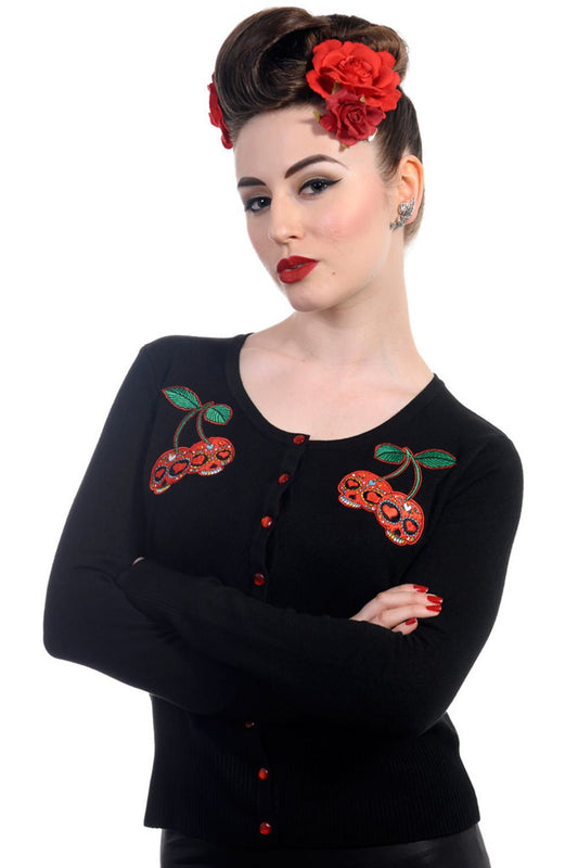 Tops Lost Queen Rockabilly Pinup Skull Cherries Black knit Cardigan