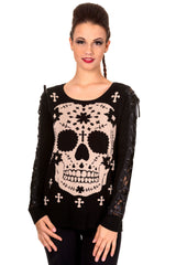 Tops Mexican Sugar Skull & Cross Lace-up Sleeve Sweater