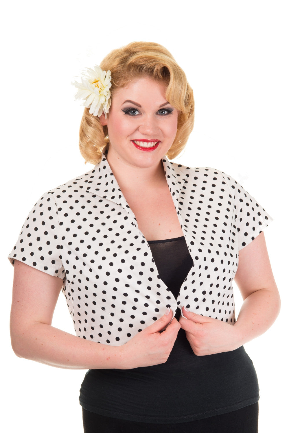 Tops 2XL / Polka Dot/WHT Plain Solid Color Short Sleeve Cropped Bolero Jacket