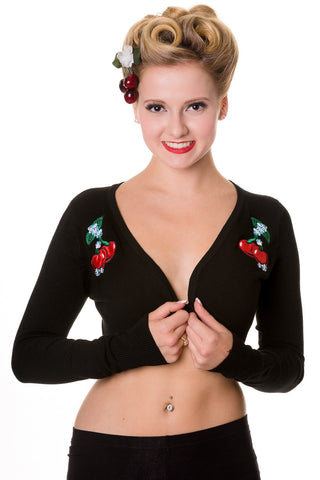 Tops Rockabilly Pinup Cherry Love Black Knit Bolero Shrug Sweater Cardigan