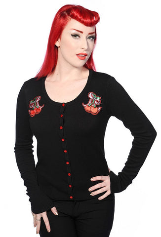 Tops Rockabilly Pinup Cherry Love Black knit Cardigan