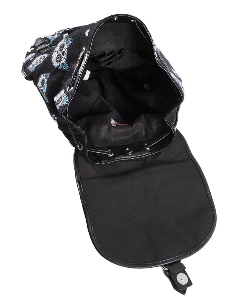 Banned Apparel Black Day of the Dead Sugar skull cat Cotton Canvas Backpack Ruckasack
