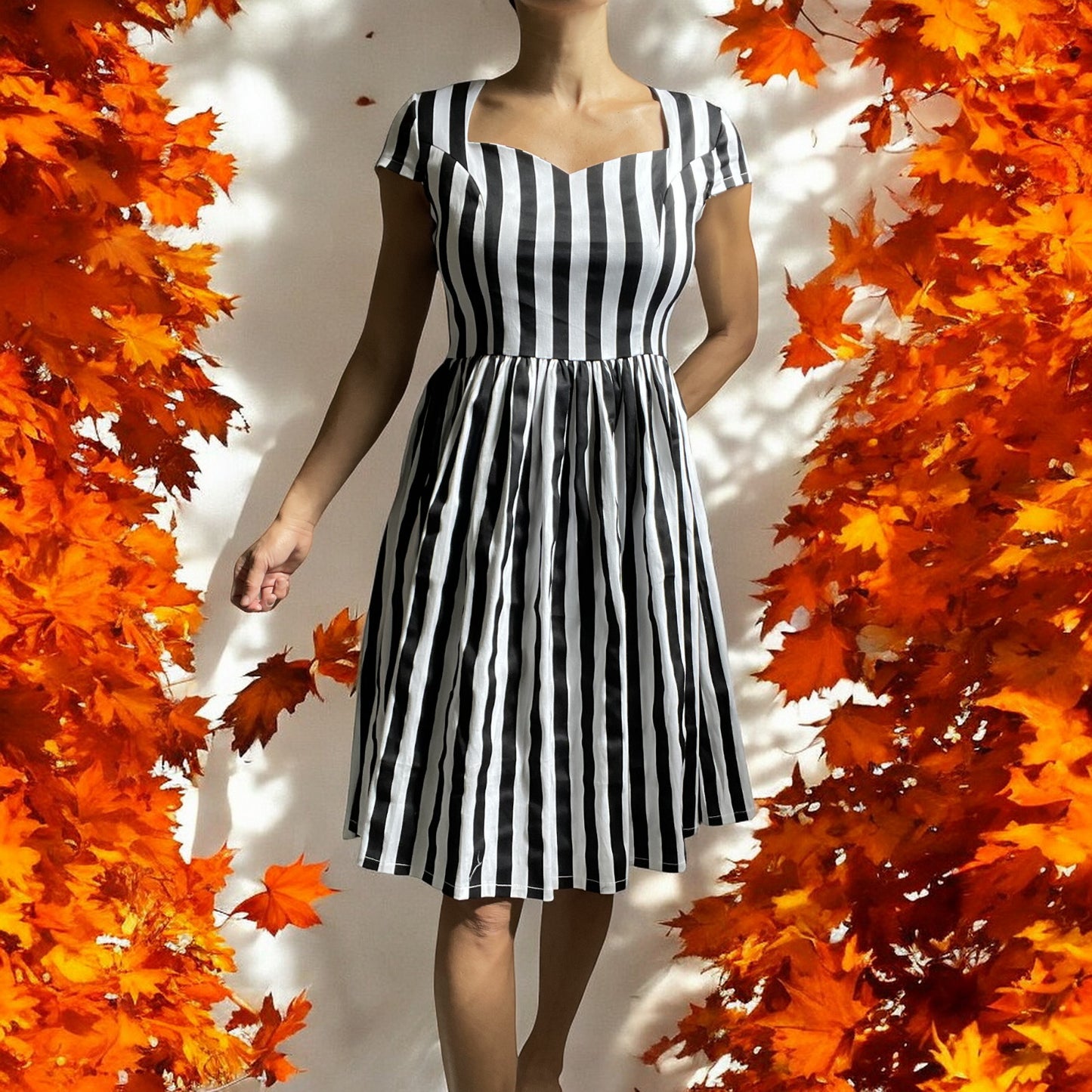 Lost Queen Beetlejuice Black and White Striped Night Circus Dress