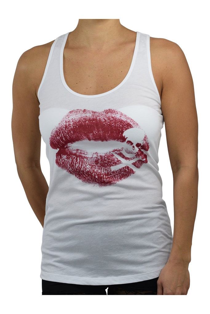 Tops Rock Love Kiss Me Red Lips and Skull White Racerback Tank Top