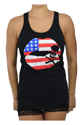 Tops Rock Love USA Flag Kiss Lips and Skull Black Racerback Tank Top