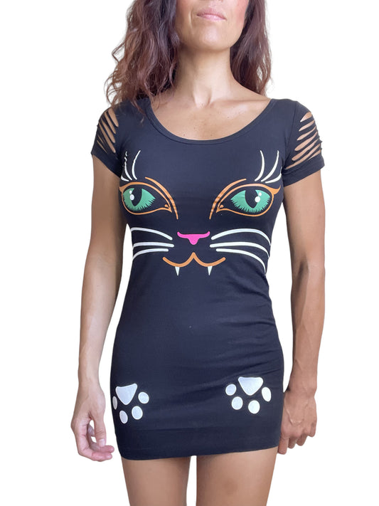 Black Cat Neko Print Shouder Cut Out Extra Length Top