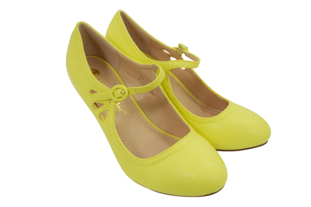 Accessories 5.5 / Yellow 60's Retro Vintage Pinup Mary Jane Lemon Yellow Faux Leather Cut Out Pumps