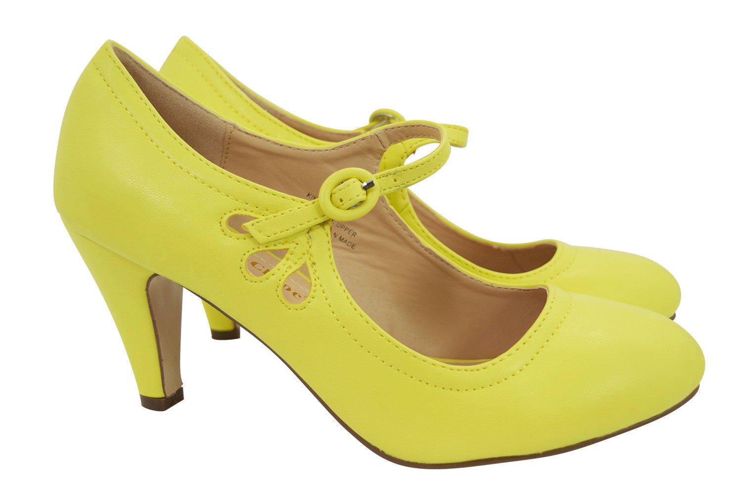 Accessories 5.5 / Yellow 60's Retro Vintage Pinup Mary Jane Lemon Yellow Faux Leather Cut Out Pumps