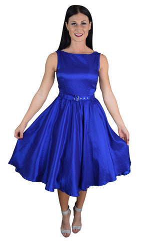 Dresses Rockabilly Pinup Deep Blue Satin Cocktail Flare Party Swing Dress