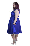 Dresses Rockabilly Pinup Deep Blue Satin Cocktail Flare Party Swing Dress