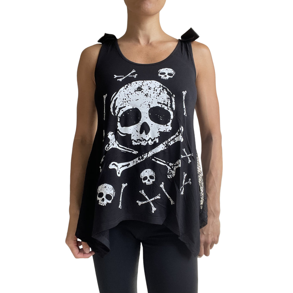 Jawbreaker Skull & CrossBones Black Skull Lace Flowy Tank with bows - Skelapparel