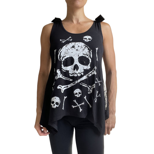 Jawbreaker Skull & CrossBones Black Skull Lace Flowy Tank with bows - Skelapparel