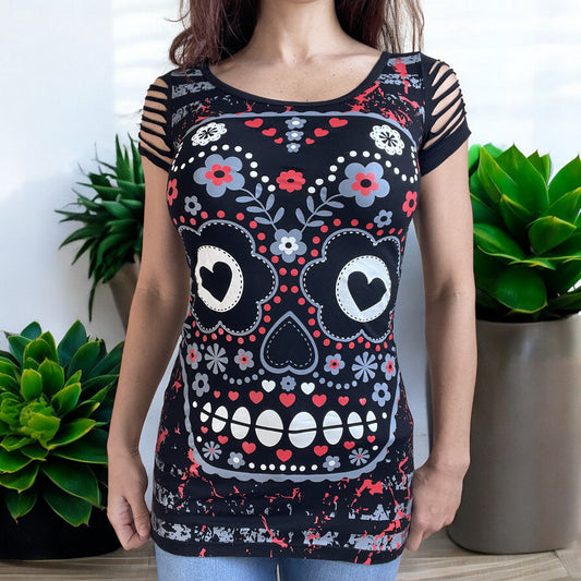 Rockabilly Love Day of the Dead Flower Candy Sugar Skull Cut Out Shoulder Top - Skelapparel
