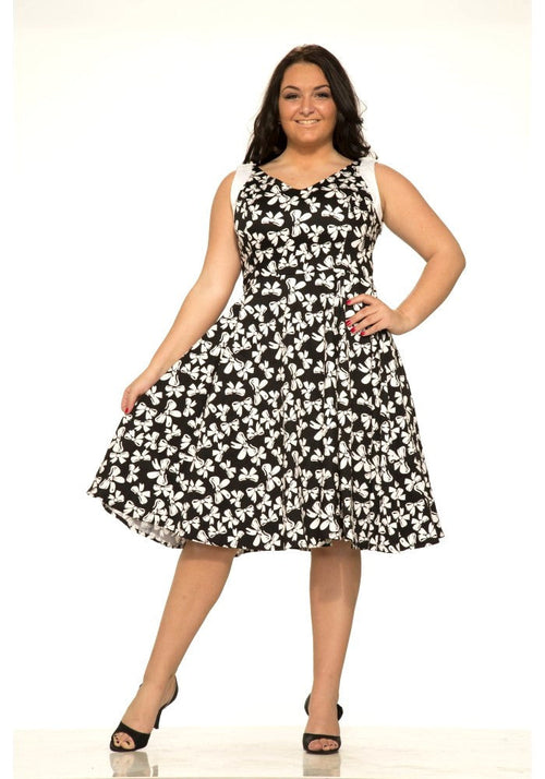 Plus size Vintage Pinup Black White Bow Print cocktail wedding Party Flare Dress XL / Black