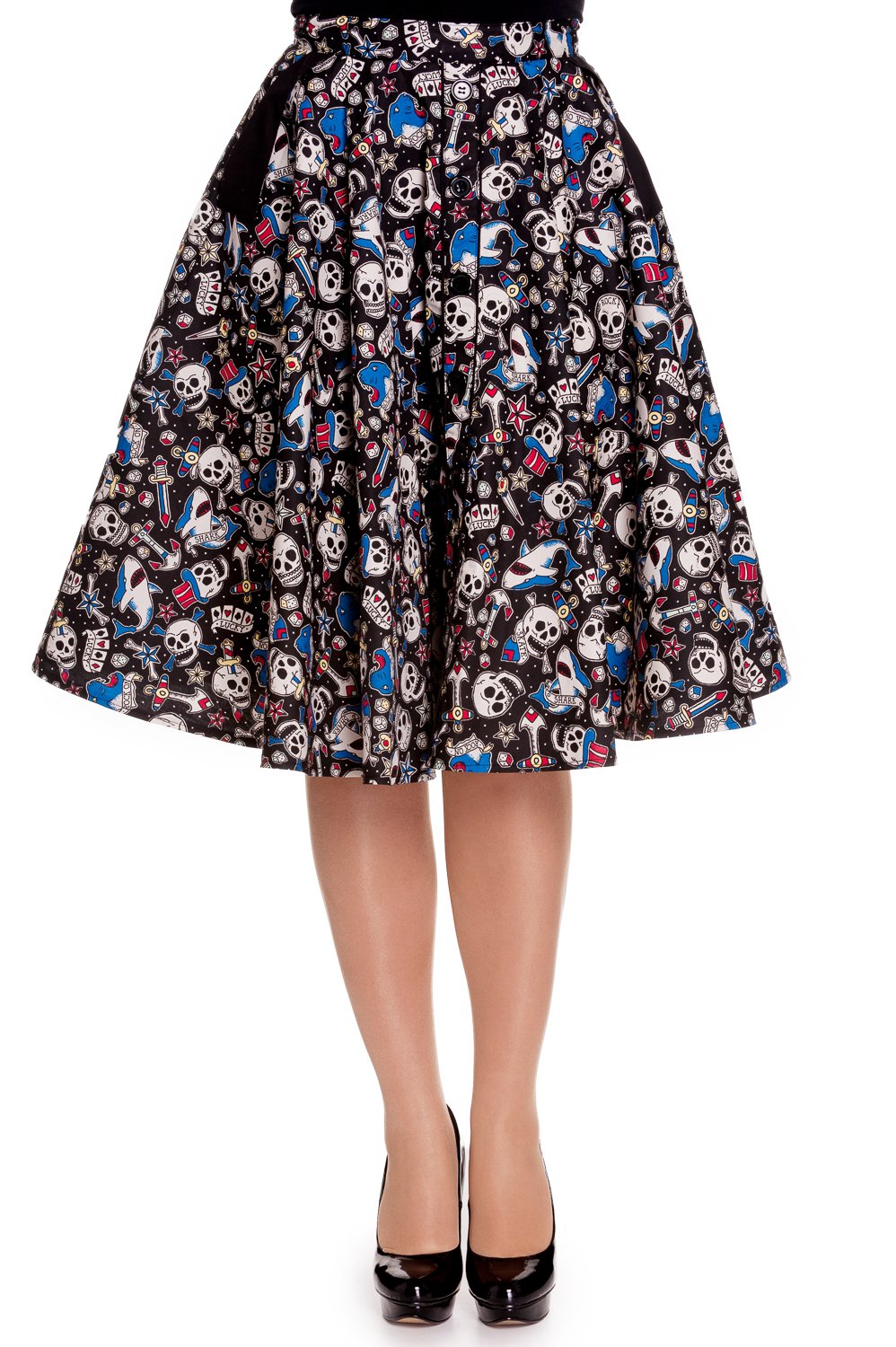 Bottoms Hell Bunny Nautical Rockabilly Skull Shark & Anchor Rock on Swing Skirt