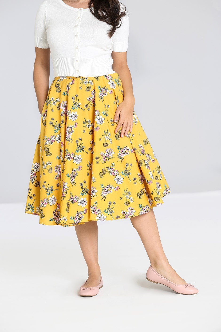 Bottoms Hell Bunny Summer Vintage Garden Muriel Mustard Yellow 50's Skirt with Pockets