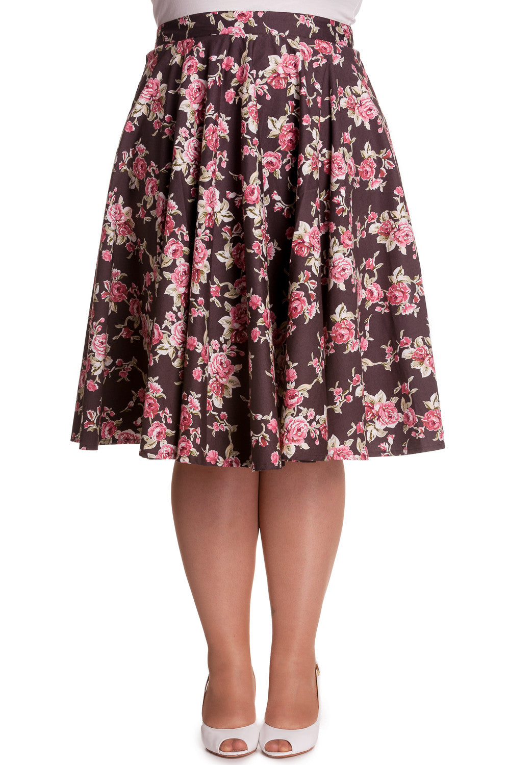 Bottoms Hell Bunny Vintage Style Romantic Western Pink Roses Brown Flare Swing Skirt