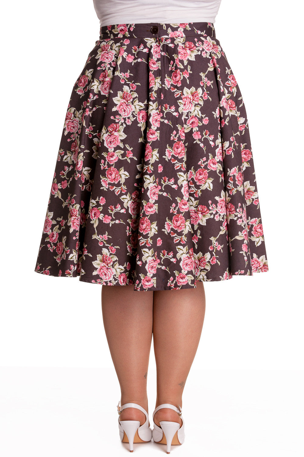 Bottoms Hell Bunny Vintage Style Romantic Western Pink Roses Brown Flare Swing Skirt