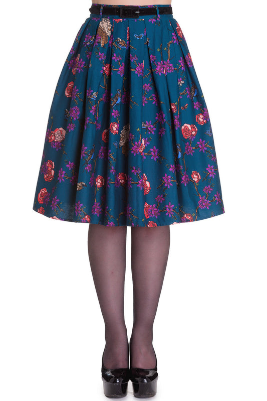 Bottoms Hell Bunny Wonderland Forest & Birds Print Midnight Blue Pleated Skirt