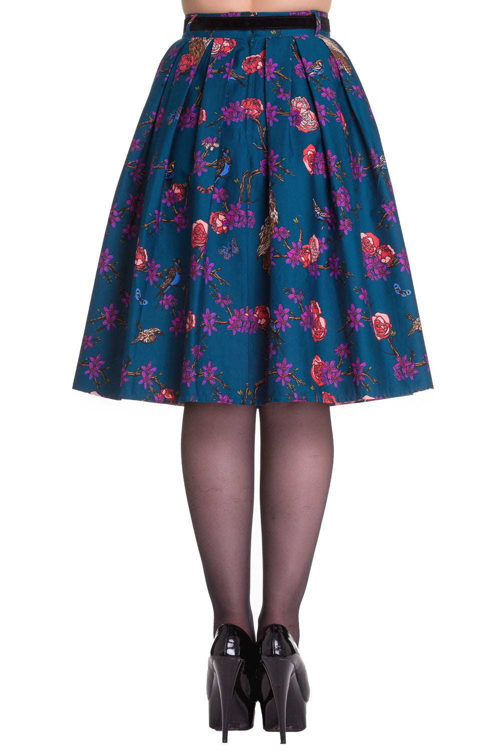 Bottoms Hell Bunny Wonderland Forest & Birds Print Midnight Blue Pleated Skirt