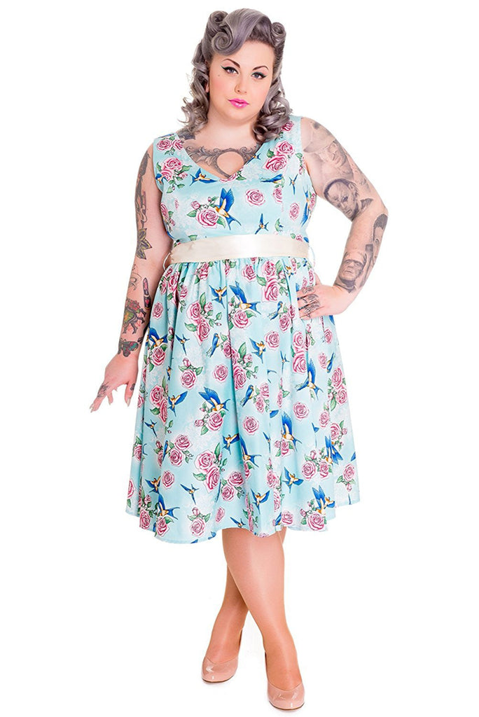 Dresses 2XL Hell Bunny 50's Retro Vintage Blue Birds and Pink Roses with Bow Party Dress