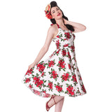 Dresses S Hell Bunny 50’s Vintage Red Rose Floral Print White Halter Party Dress - Cannes Dress