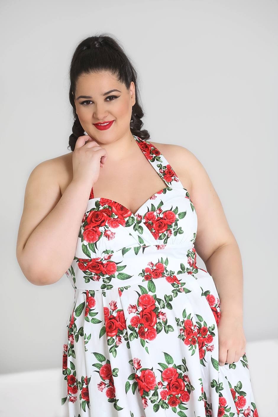 Hell Bunny 50's Vintage Red Rose Floral Print White Halter Party Dress Skelapparel Hell Bunny 50's Vintage Red Rose Floral Print White Halter Party Dress Skelapparel