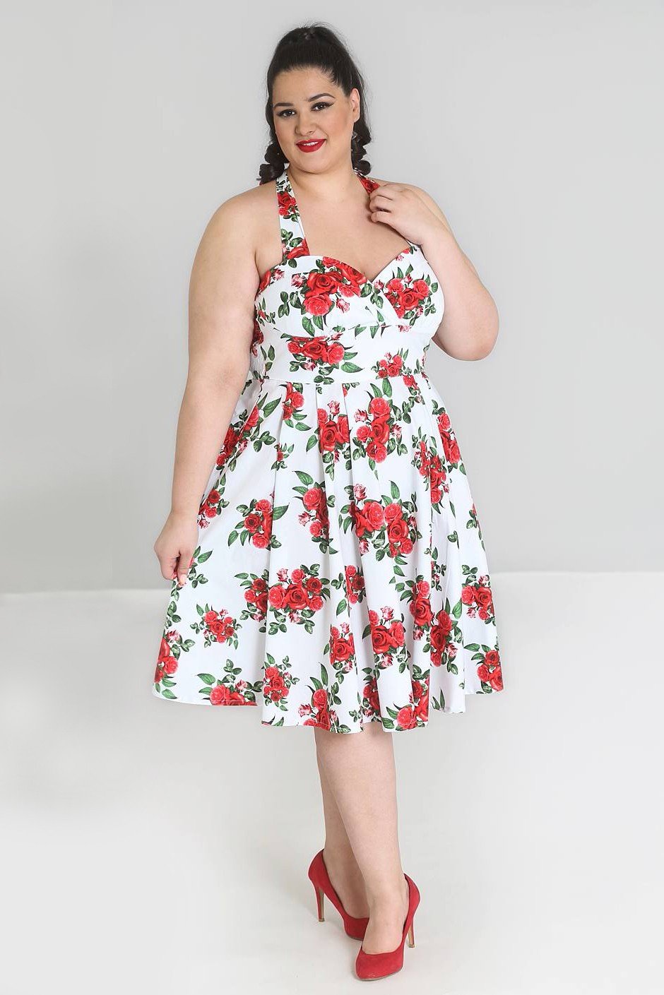 Hell Bunny 50's Vintage Red Rose Floral Print White Halter Party Dress Skelapparel Hell Bunny 50's Vintage Red Rose Floral Print White Halter Party Dress Skelapparel