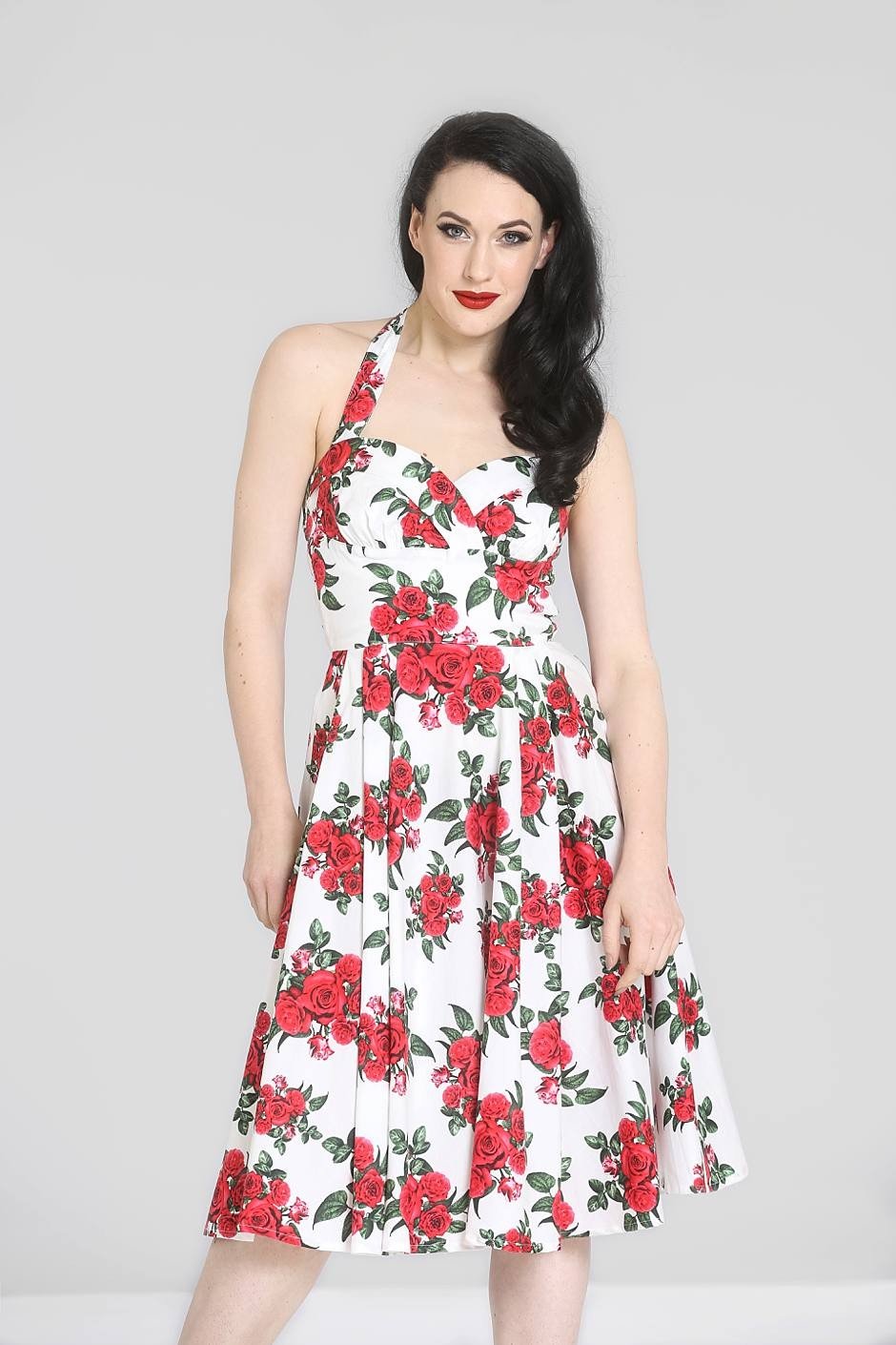 Dresses Hell Bunny 50’s Vintage Red Rose Floral Print White Halter Party Dress - Cannes Dress