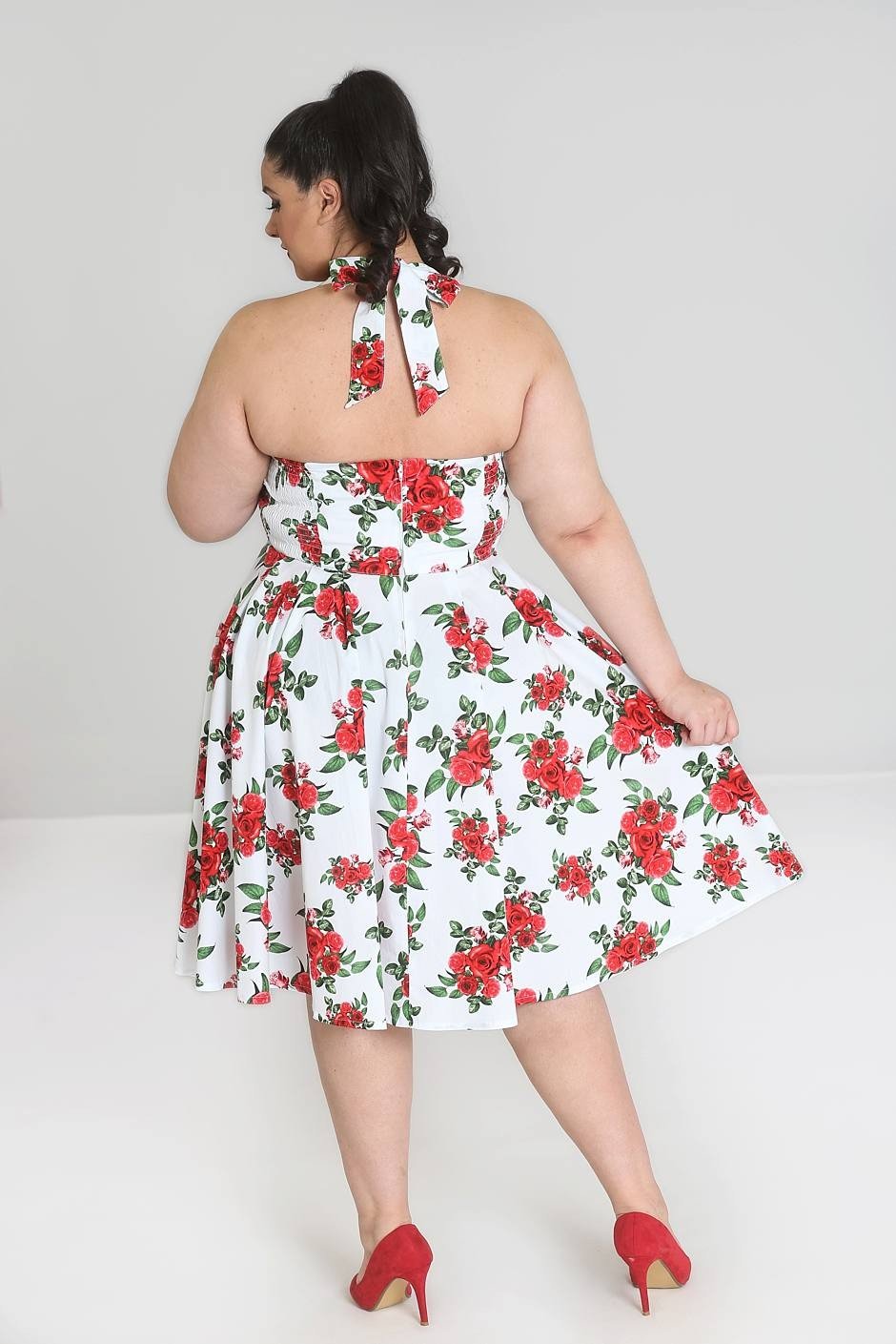 Dresses Hell Bunny 50’s Vintage Red Rose Floral Print White Halter Party Dress - Cannes Dress
