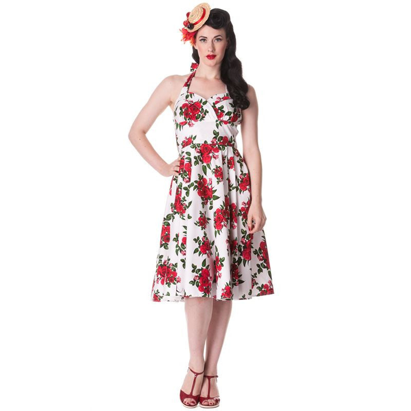 Hell Bunny 50s Vintage Red Rose Floral Print White Halter Party Dress - Cannes Dress - XS Hell Bunny 50s Vintage Red Rose Floral Print White Halter Party Dress - Cannes Dress - XS