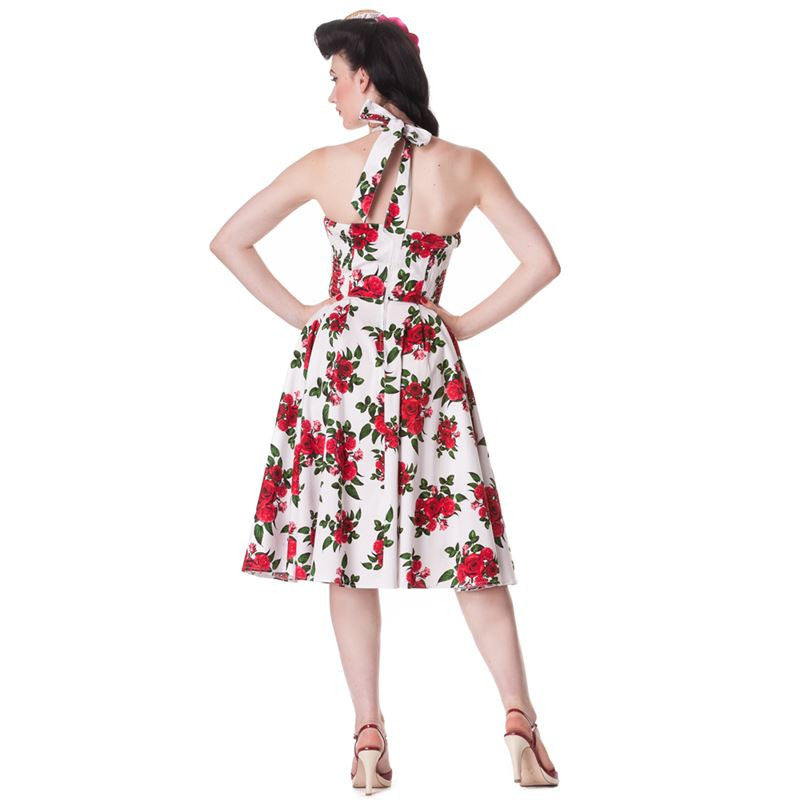 Dresses Hell Bunny 50’s Vintage Red Rose Floral Print White Halter Party Dress - Cannes Dress