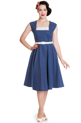 Dresses XS / BLUE Hell Bunny 50's Vintage Style Country Girl Polka Dot Square Neck Flare Party Dress