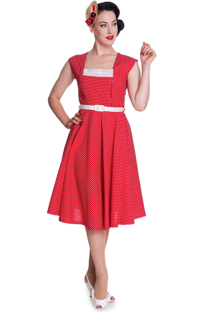 Dresses XS / RED Hell Bunny 50's Vintage Style Country Girl Polka Dot Square Neck Flare Party Dress