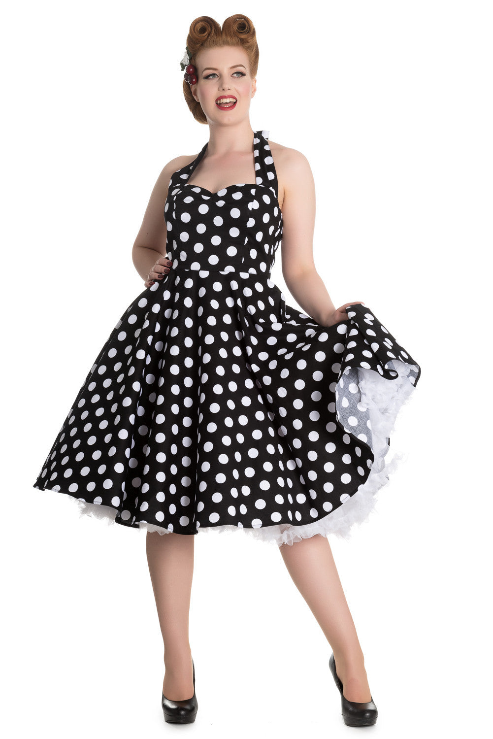 Hell Bunny 60's Black and White Polka Dot Halter Flare Party Dress – Skelapparel