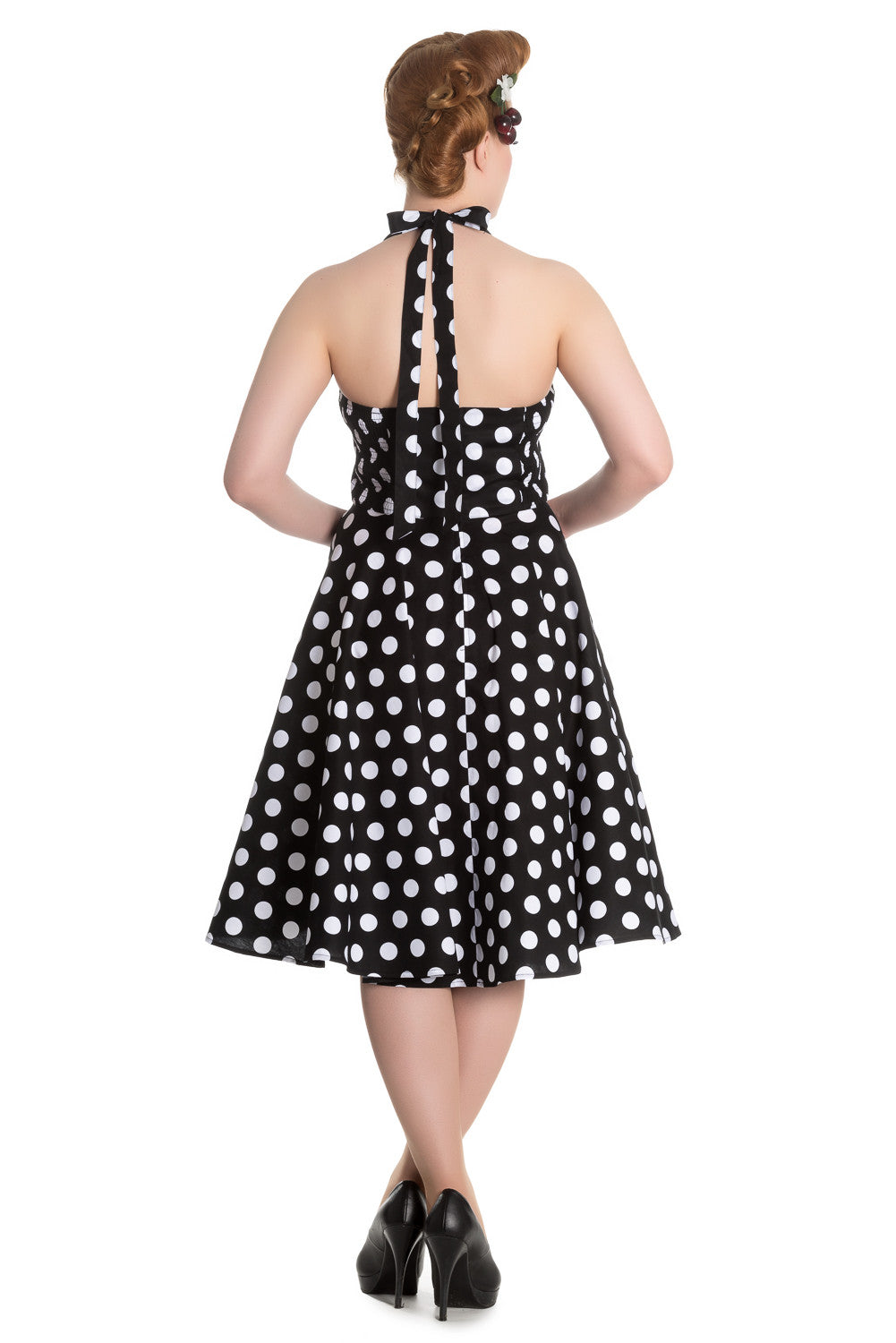 Hell Bunny 60's Black and White Polka Dot Halter Flare Party Dress Skelapparel Hell Bunny 60's Black and White Polka Dot Halter Flare Party Dress Skelapparel
