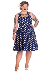 Dresses Hell Bunny 60's Navy and White Polka Dot Halter Flare Party Dress
