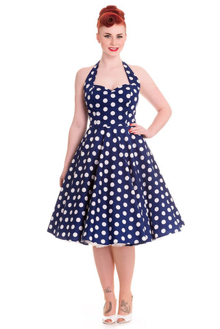 Dresses Hell Bunny 60's Navy and White Polka Dot Halter Flare Party Dress