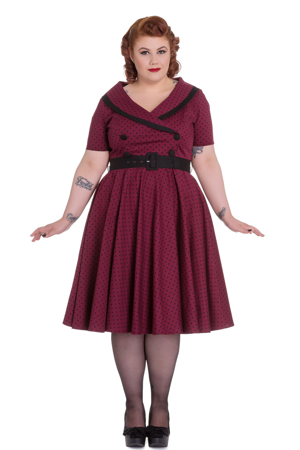 Dresses 2XL / Burgundy Hell Bunny 60's Vintage Style Polka Dot Starlet Wide V-neck Collar Party Dress