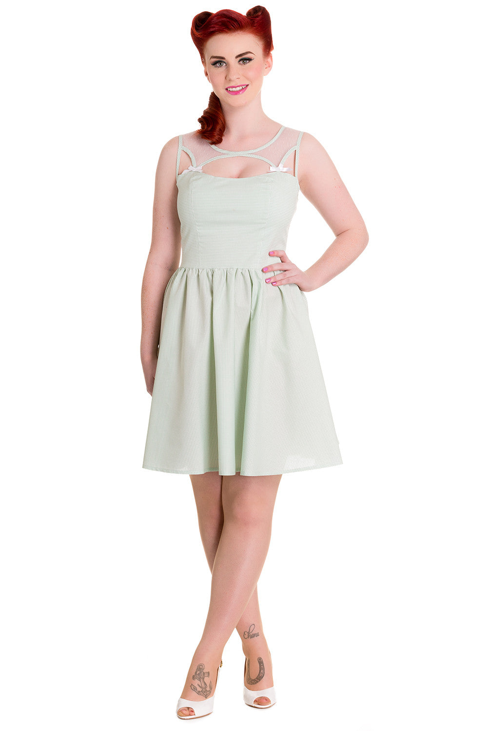 Dresses Hell Bunny Alice in the Wonderland Mint Green Gingham Check Sheer Top Party Dress